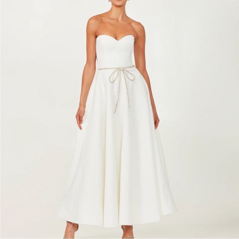 HELSI Grace Sweetheart Strapless Crystal Bow White Midi Dress XS A